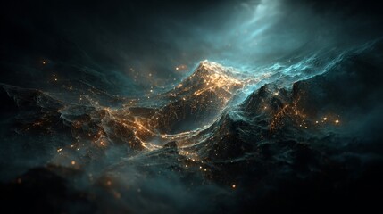 Fototapeta premium Intricate cosmic nebula with shimmering golden lights pulsating through dark celestial depths, representing the boundless energy of universe creation.