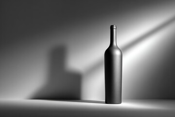 Matte black bottle creating long shadow on sleek gray surface with light beams