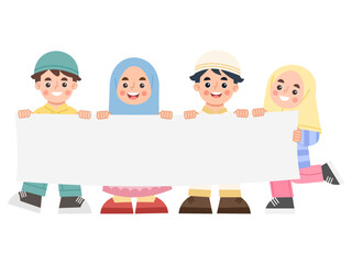 Cartoon Muslim Children Holding a Blank Banner