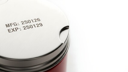 Close-up of manufacturing and expiration dates stamped on a metal container lid