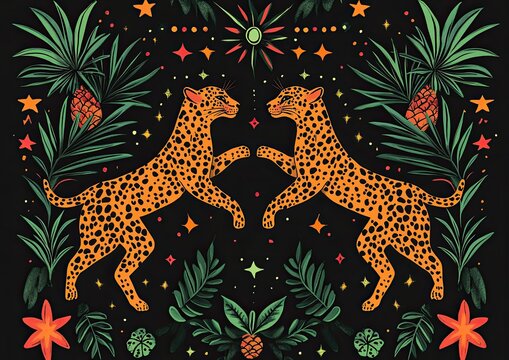 Folk art style illustration of two golden leopards facing each other in symmetrical dance pose, surrounded by tropical leaves, pineapples, stars, and festive floral elements on dark green background