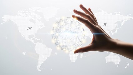 Hand Reaching Out to Global Map.