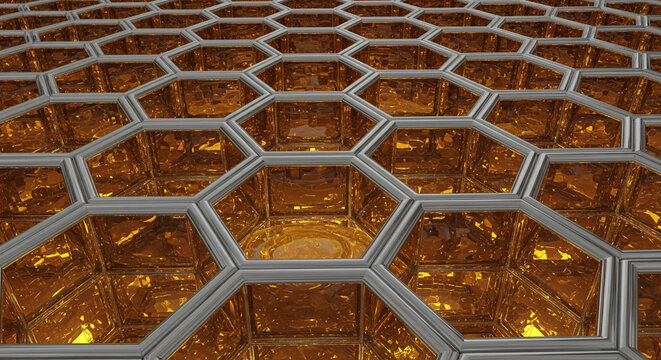 A futuristic, high-tech hexagonal grid made of glass and metal. The cells are filled with a glowing amber liquid or energy, reflecting light in a clean, modern aesthetic - Powered by Adobe