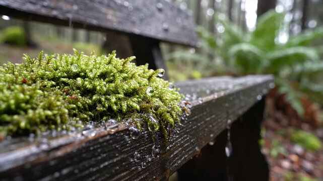 Rain-Kissed Bench and Lush Moss: A weathered wooden bench, glistening with raindrops, hosts a vibrant patch of green moss, while the soft focus background hints at a serene forest setting.