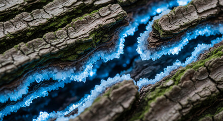 Macro shot of textured tree bark with glowing blue bioluminescent crystals growing within the cracks. A magical, fantasy-style nature detail with soft moss