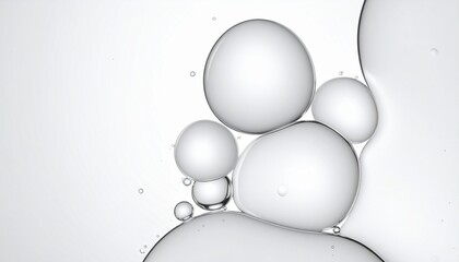 Minimalist abstract background featuring large clear glossy spheres and tiny bubbles of oil drops suspended in water macro detail of cosmetic beauty serum