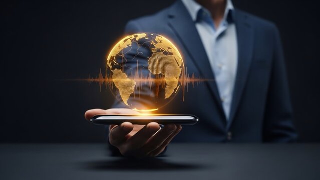 Man holding tablet with glowing global map. - Powered by Adobe