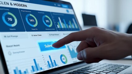 Close-up of a laptop screen displaying data analytics dashboards with checkmark icons representing successful completion and digital workflow management for business insights