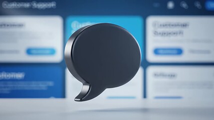 Glossy black speech bubble icon floating in front of a blurred customer support website interface representing communication and online assistance - Powered by Adobe