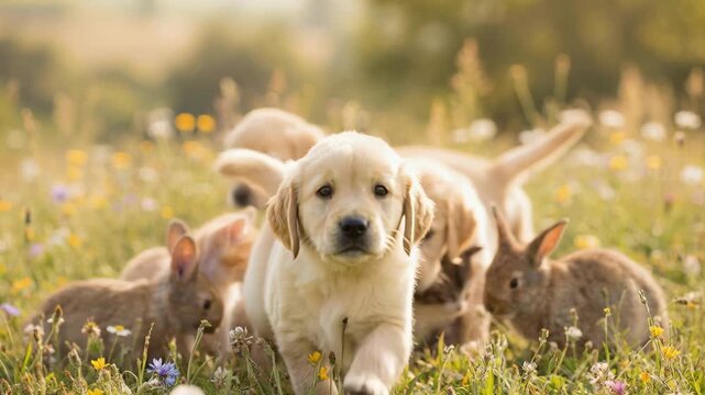 Adorable Golden Retriever Puppies Cuddle With Kittens and Rabbits In A Sunlit Meadow With Wildflowers And Soft Bokeh Background