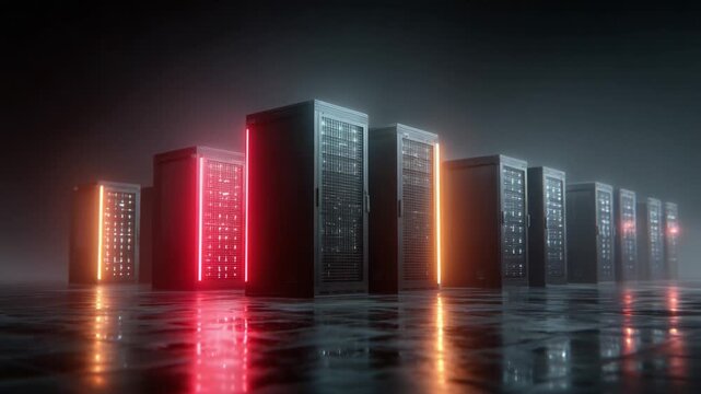 Dynamic Array of Illuminated Servers in a High-Tech Data Center Under Dim Lighting, Showcasing the Evolution of Modern IT Infrastructure and Connectivity