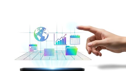 hand interacting with futuristic digital interface on smartphone screen with graphs and calendars