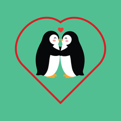 Naklejka premium Two penguins kissing inside a heart shape