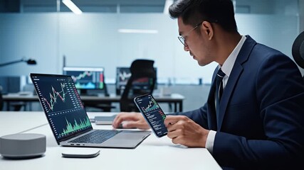 Focused Asian businessman analyzes financial market data on laptop and smartphone in a modern office setting demonstrating investment strategy and digital finance concepts - Powered by Adobe
