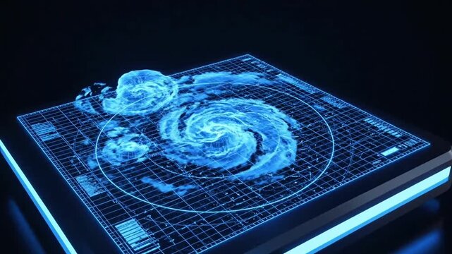 Hurricane Simulation, Weather Patterns, Digital Display, Tech Laboratory, Virtual Environment, 3D Perspective