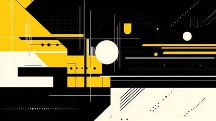 Modern abstract shapes in yellow, black, and white with geometric forms, stripes, and dots, contemporary graphic art style