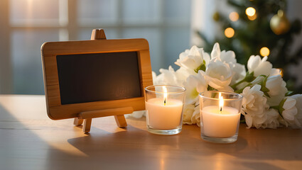 Peaceful scene featuring glowing candles flowers and an empty chalkboard
