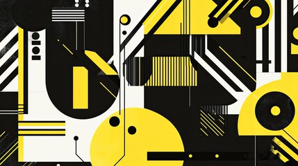 Abstract geometric composition in black, yellow, and white with angular shapes, lines, and circles, modern tech-inspired design