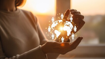 Woman Holding Global Human Network Connection.