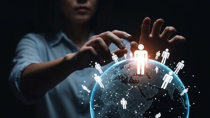 Woman interacting with digital global network.