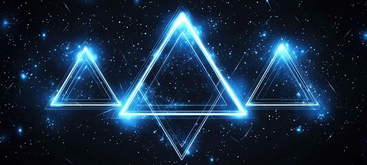 Three glowing blue neon triangles arranged horizontally in starry cosmic space, futuristic and abstract digital art with sparkling effects