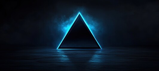 Intense glowing blue neon filled triangle pyramid in foggy darkness with wooden reflective floor, enigmatic and powerful geometric form