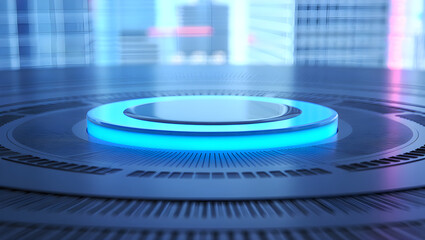 Glowing blue digital platform in a sleek futuristic urban environment
