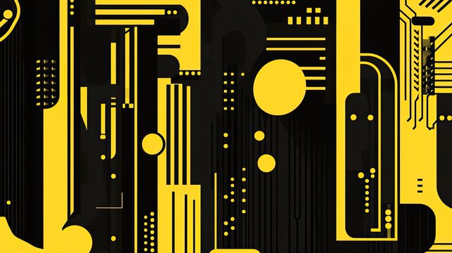 Tall abstract geometric elements in black and yellow resembling cityscape or circuit towers, modern tech aesthetic - Powered by Adobe