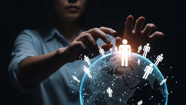 Woman interacting with digital global network. - Powered by Adobe