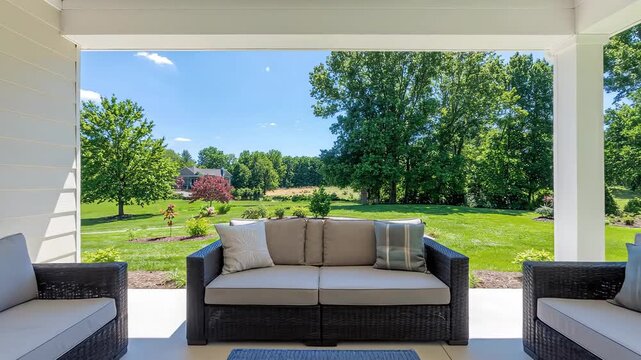 Outdoor seating area with sofas and a view of a lush green lawn.
