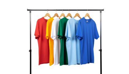 Colorful garments hang on a metal rack, including red, yellow, green, light blue, and dark blue clothing studio shot on white and transparent
