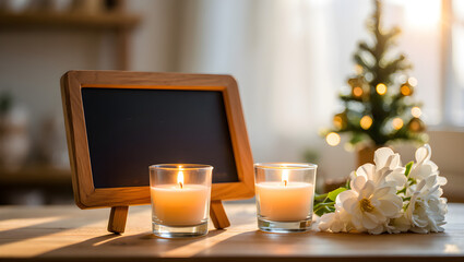 Warm glowing candles illuminate a small blackboard and a holiday tree