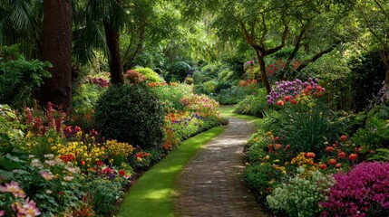 Colorful flowers line a winding path through a lush garden in daylight during late spring or early summer