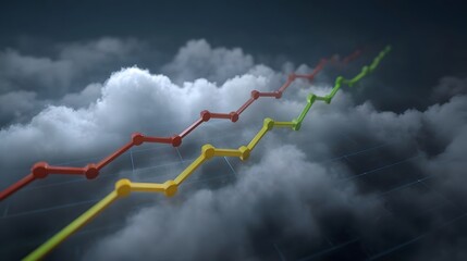 Colorful progress graph trending upwards through atmospheric clouds symbolizing financial growth and future success