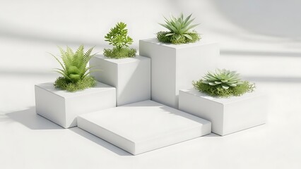 Modern minimalist white planters with succulents on steps isolated decor setup