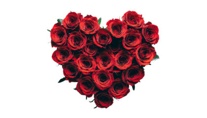 Heart shape formed by many small dark red roses with visible stems and petals arranged closely together isolated on white