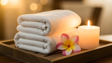 Relaxing Spa Setting with Rolled Towels Candle and Flower on Wooden Tray