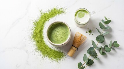 Contemporary matcha flat lay designed for wellness branding, featuring matcha powder, traditional tea tools and natural elements on a clean background. Ideal for health, beauty, nutrition, spa and