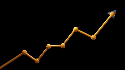 A yellow line graph with orange markers and an upward pointing arrow on a black background symbolizing growth and progress