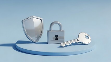 Silver Shield Lock and Key Security Concept Isolated on Light Blue Background