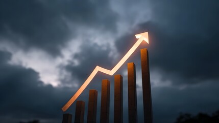 A glowing arrow indicates upward growth on a bar chart against a dramatic stormy twilight sky