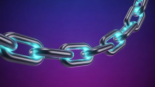 Shiny metallic chain link with glowing blue effect isolated on transparent background