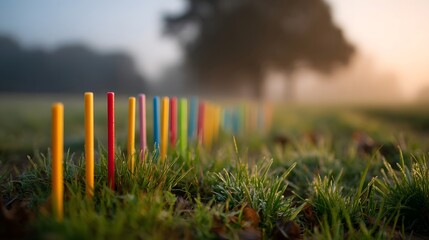 A colorful row of pegs or markers is planted in dewy grass during a misty sunrise