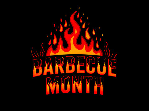 Bold fiery barbecue month celebration poster with flaming grill typography illustration dark background - Powered by Adobe
