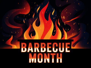 Bold fiery barbecue month celebration poster with flaming grill typography illustration dark background