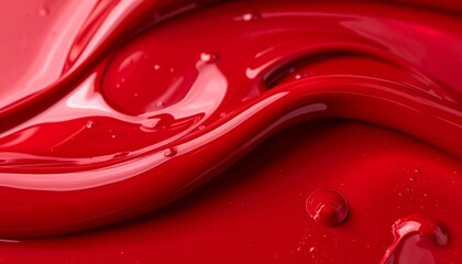 Luxurious macro background of thick highly glossy bright crimson liquid paint or cosmetic fluid creating smooth abstract waves and dynamic flowing curves