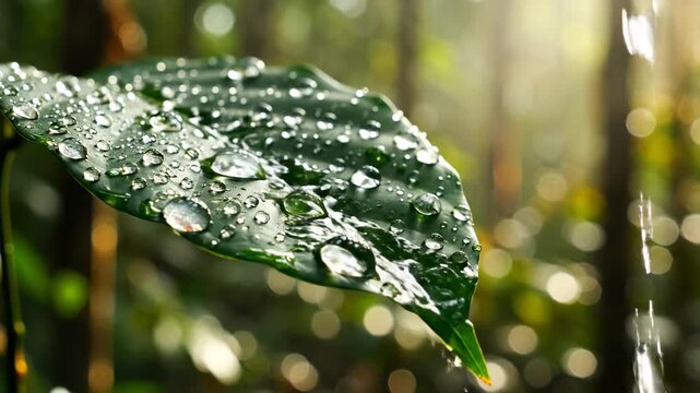 Raindrops on a Green Leaf: Close-up of a verdant leaf glistening with raindrops, capturing the purity of nature, surrounded by a lush forest, an ode to the serenity.