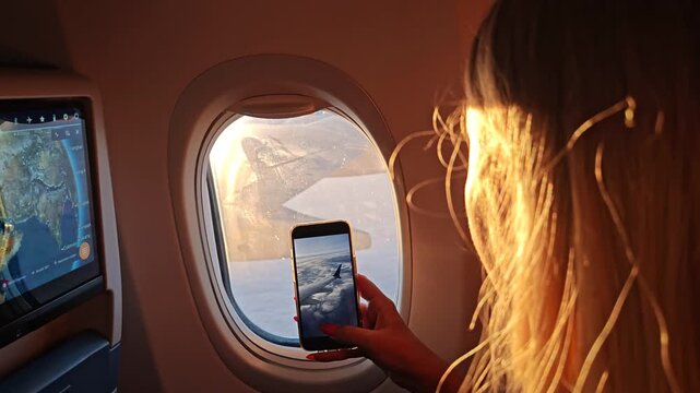 Woman takes photos of clouds and map during flight over the ocean