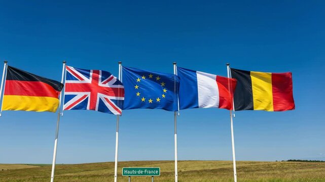 Five National Flags Including Germany United Kingdom European Union France Belgium Waving On Poles Under Clear Blue Sky And Green Field