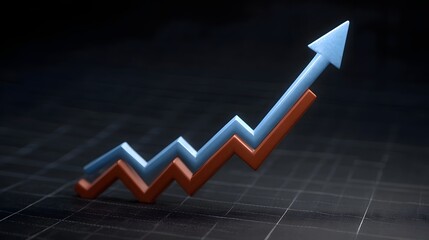 Conceptual illust n of a business growth graph with upward trending blue and orange lines and an arrow